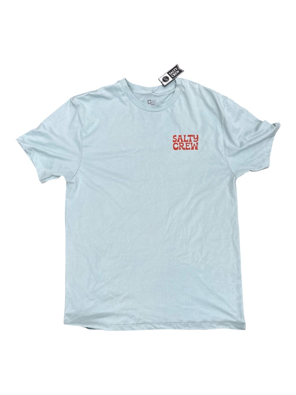 New Men’s Large Salty Crew Light Blue Short Sleeve Tee with Red Chest Logo